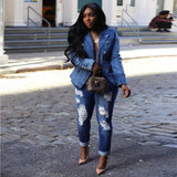 Women New Slim Double-Breasted Button Denim Jacket Coat Slim Long Sleeve Autumn Ripped Fashion Jacket Blazer