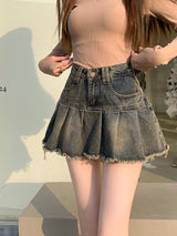 Women's Summer Cute Denim Short Skirt High Waist Burr Edge Spliced Casual A-line Harajuku Korean Style Y2K Mini Pleated Skirt