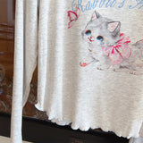 Modal Pajama Sets Sweet Cat Loose Long Sleeve Round Collar Bow Short T Shirt Women's Spring and Autumn Soft Sleepwear