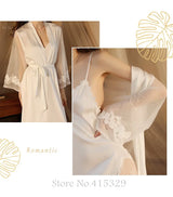 Wedding Bride Robe Set Women Sexy Lace Patchwork Nightgown Long Kimono Bath Gown Loose Suspender Nightdress Intimate Lingerie