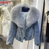Womens Coats Spring 2025New 100%Natural Real Fox Fur Collar Fashion Short Denim Jacket Luxury Goose Down Puffer Jackets Clothing
