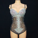 Sexy V Neck Perspective Mesh Elastic Crystals Bodysuit Women Dancer Stage Performance Costume Luxurious Gemstones Pearls Tights