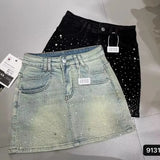 Starry Hot Rhinestone Denim Skirt for Women 2024 Summer New Retro Slimming a-Line Sheath Denim Skirt