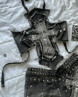 New Two Piece Sets Womens Outifits Retro Gothic Graphic Patch Y2K Clothing Denim Skirt Sets Suspender Slim Fashion Short Top