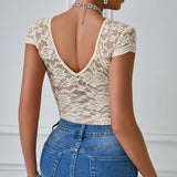 Womens Embroidery Floral Contrast Lace Teddy Bodysuit Sexy V Neck Backless Elegant Bodysuits Y2K Night Club Party Leotards Tops