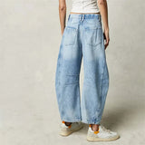 High Stretch Mid-Rise Jeans Fashion Wide Leg Shape Women Casual Baggy Mid Waist Denim Jeans