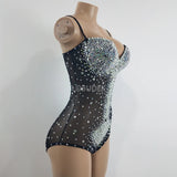 Sexy V Neck Perspective Mesh Elastic Crystals Bodysuit Women Dancer Stage Performance Costume Luxurious Gemstones Pearls Tights