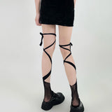 Women's Jk Tie Lace Fishnet Stockings Irregular Split-toe Calf Socks Middle Tube Socks Straps Summer Sexy Long Japanese Socks