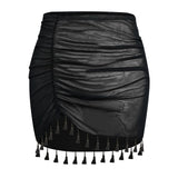 Black Ruffle Trim Sheer Beach Skirt Mesh Cover Up Skirt Beach Wrap Bikini Shiny Wraps Tassel Cover Ups for Swimwear Swimsuit