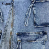 Stigende Women's High Split Ripped Denim Maxi Skirt with Multiple Pockets Distressed Lace Up Jeans Cargo Skirt Y2k