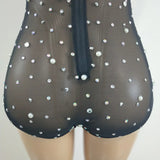 Sexy V Neck Perspective Mesh Elastic Crystals Bodysuit Women Dancer Stage Performance Costume Luxurious Gemstones Pearls Tights