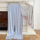 Modal Pajama Sets Sweet Cat Loose Long Sleeve Round Collar Bow Short T Shirt Women's Spring and Autumn Soft Sleepwear