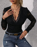 Womens Lace Essential Bodysuit Jumpsuit Deep V Neck Long Sleeve Slim Fit Stretch T-shirt Sheer Skinny Romper Nightwear Clubwear