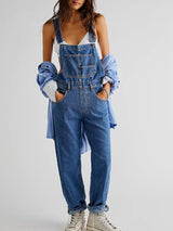 Women Spring Casual Wide Leg Denim Jumpsuits Loose Wide Strap Suspender Pocket Overalls Baggy Long Jeans Bib Pants Rompers