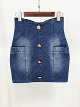 HIGH QUALITY Newest 2025 Designer Runway Blazer Women's Slim Fitting Double Breasted Lion Buttons Denim Jacket Mini Skirt