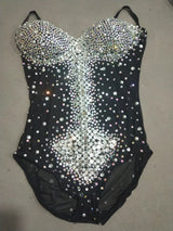 Sexy V Neck Perspective Mesh Elastic Crystals Bodysuit Women Dancer Stage Performance Costume Luxurious Gemstones Pearls Tights