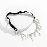 IngeSight.Z Sexy Full Rhinestones Imitation Pearl Tassel Leg Thigh Chain for Women Simple Adjustable Elastic Band Body Chain