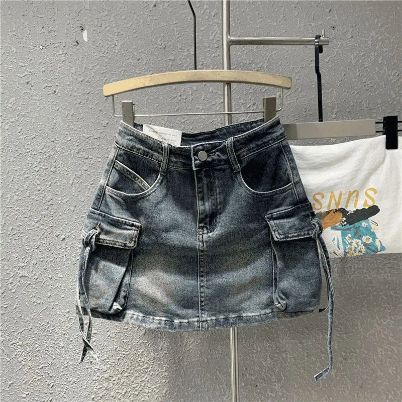 Zipper Fly Denim SKirts with Button Women's Denim Cargo Skirts with Pockets Sexy Mini A-line Jean Skirts Female Streetwear