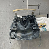 Zipper Fly Denim SKirts with Button Women's Denim Cargo Skirts with Pockets Sexy Mini A-line Jean Skirts Female Streetwear