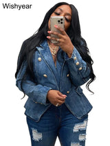 Fashion Notched Collar Long Sleeve Double Breasted Denim Coats for Women Slim Jeans Jacket Casual Streetwear Female Blazer Tops