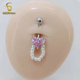 G23Titan Pink Zircon Heart Belly Ring Hanging Pearl Women Sexy Navel Jewelry Surgical Titanium Barbell Nombril Ombligo Piercing