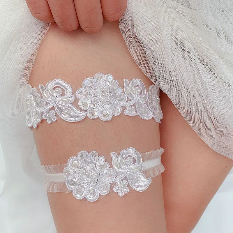 SLBRIDAL Sexy Lace Flower Crystal Rhinestones Pearls Bridal Garter Belts Wedding Thigh Leg Garter Ring For Women/Female/Bride