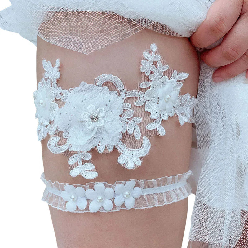 SLBRIDAL Sexy Lace Flower Crystal Rhinestones Pearls Bridal Garter Belts Wedding Thigh Leg Garter Ring For Women/Female/Bride