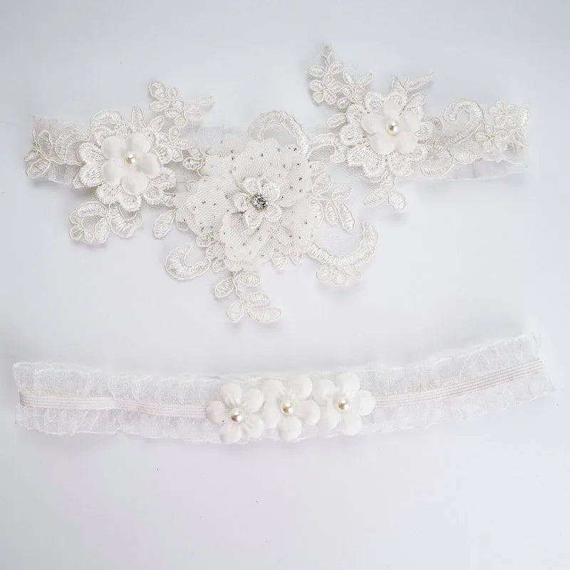 SLBRIDAL Sexy Lace Flower Crystal Rhinestones Pearls Bridal Garter Belts Wedding Thigh Leg Garter Ring For Women/Female/Bride
