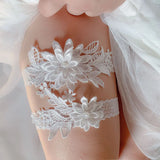 SLBRIDAL Sexy Lace Flower Crystal Rhinestones Pearls Bridal Garter Belts Wedding Thigh Leg Garter Ring For Women/Female/Bride