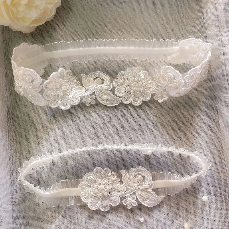 SLBRIDAL Sexy Lace Flower Crystal Rhinestones Pearls Bridal Garter Belts Wedding Thigh Leg Garter Ring For Women/Female/Bride