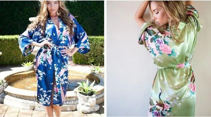 Baby blue Fashion Women's Peacock Kimono Bath Robe Nightgown Gown Yukata Bathrobe Sleepwear Pocket With Belt S M L XL XXL XXXL