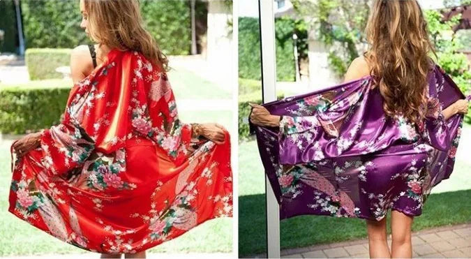 Baby blue Fashion Women's Peacock Kimono Bath Robe Nightgown Gown Yukata Bathrobe Sleepwear Pocket With Belt S M L XL XXL XXXL