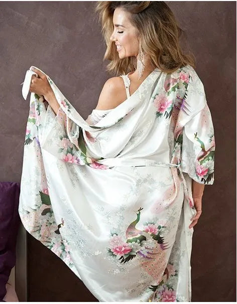 Baby blue Fashion Women's Peacock Kimono Bath Robe Nightgown Gown Yukata Bathrobe Sleepwear Pocket With Belt S M L XL XXL XXXL