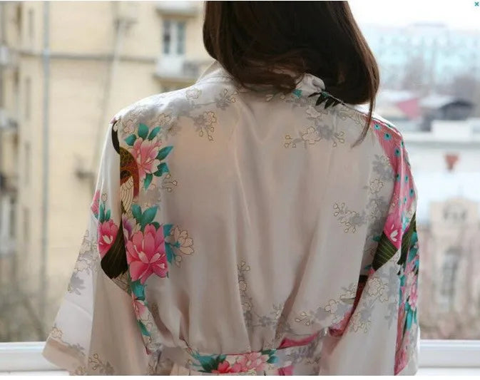 Baby blue Fashion Women's Peacock Kimono Bath Robe Nightgown Gown Yukata Bathrobe Sleepwear Pocket With Belt S M L XL XXL XXXL