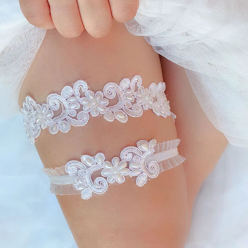 SLBRIDAL Sexy Lace Flower Crystal Rhinestones Pearls Bridal Garter Belts Wedding Thigh Leg Garter Ring For Women/Female/Bride