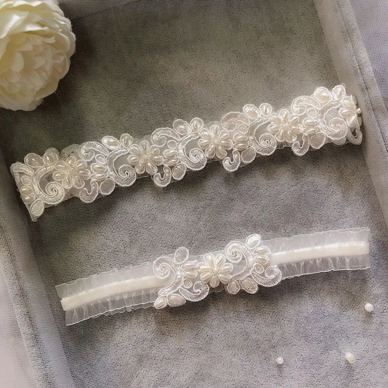 SLBRIDAL Sexy Lace Flower Crystal Rhinestones Pearls Bridal Garter Belts Wedding Thigh Leg Garter Ring For Women/Female/Bride