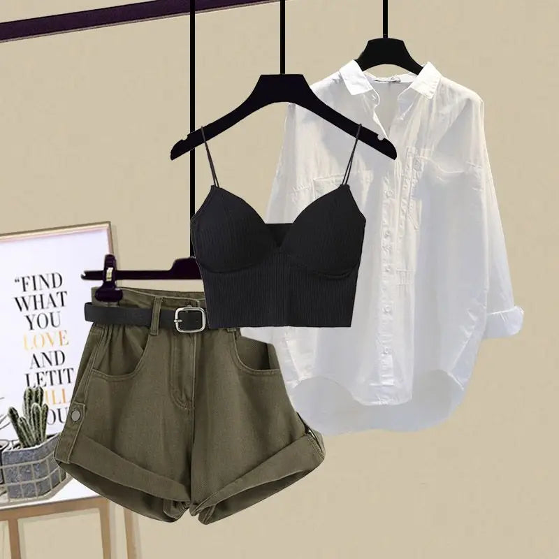 Women's Summer New Denim Shorts Matching Set Female Vintage Casual Sunscreen Shirt+suspender+High Waits Pants Three Piece Suit