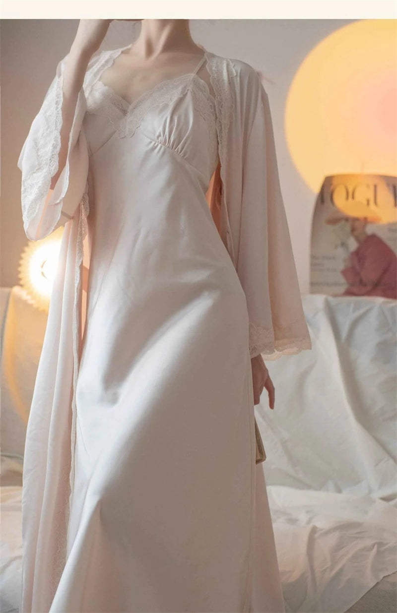 New Female Long Robe Nightgown Set Sexy Lace Trim Sleepwear Suspender Nightdress Spring Summer Casual Satin Home Dress Bathrobe