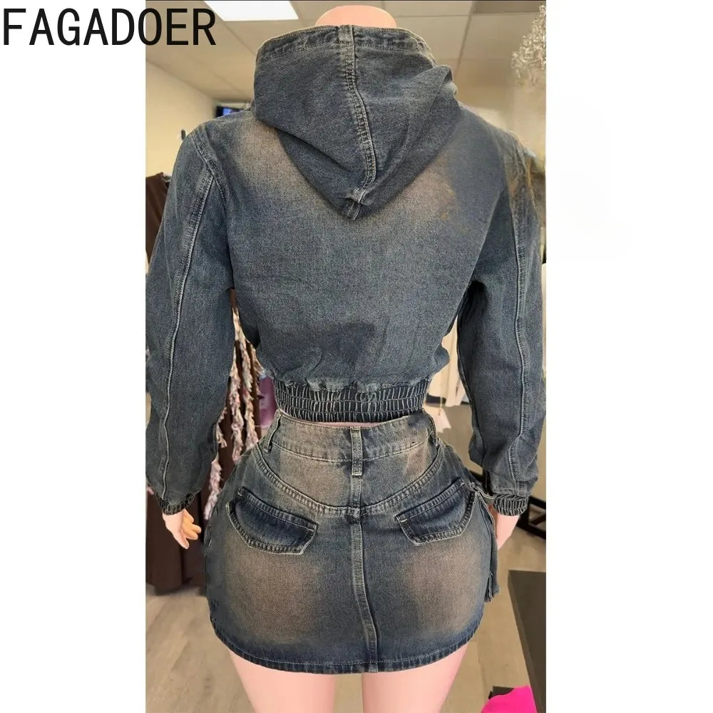 FAGADOER Y2k Retro Denim Two Piece Set Hot Girl Cargo Pockets Patchwork Zip Jacket and Stretchy Mini Skirts Suits Streetwear New