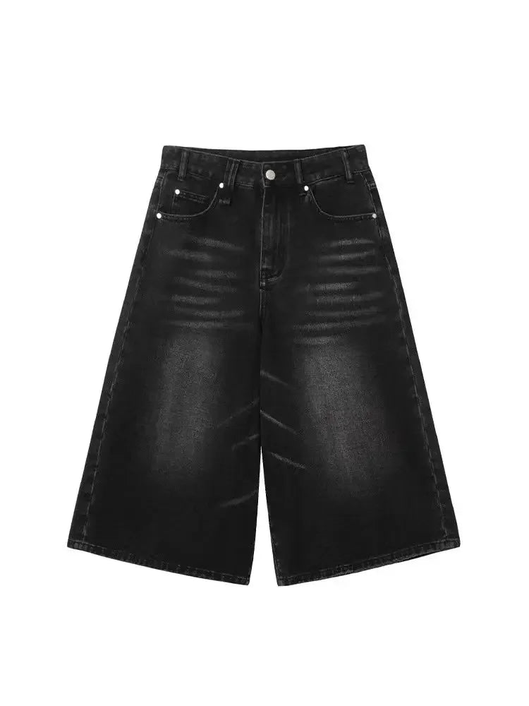 2024 Y2k Retro Women Low Rise Jorts Brushed Black Wash Cropped Baggy Jeans Wide Leg Frayed Denim Short Pants Acubi Fashion