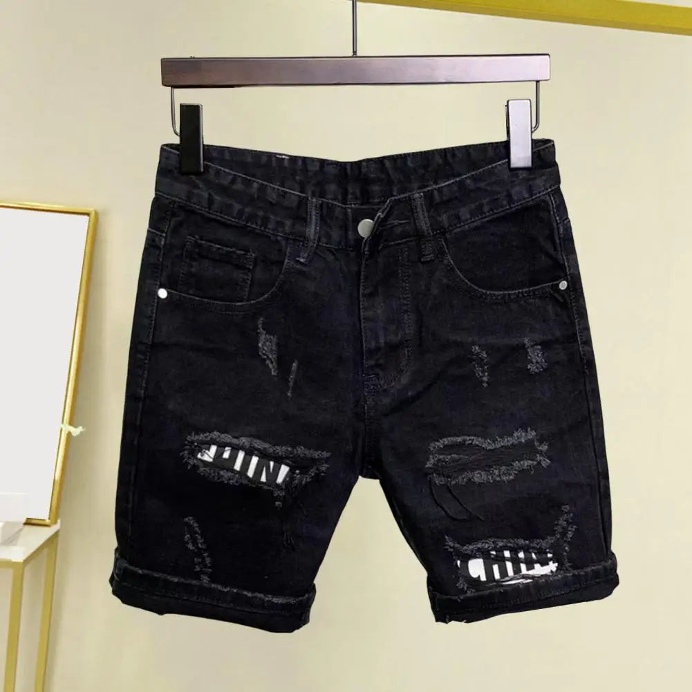 Summer Men Ripped Patchwork Denim Shorts Straight Button Zipper Pockets Shorts Knee-Length Denim Short Pants