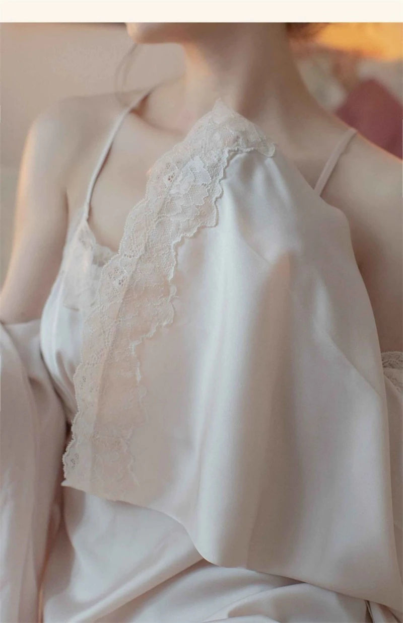 New Female Long Robe Nightgown Set Sexy Lace Trim Sleepwear Suspender Nightdress Spring Summer Casual Satin Home Dress Bathrobe