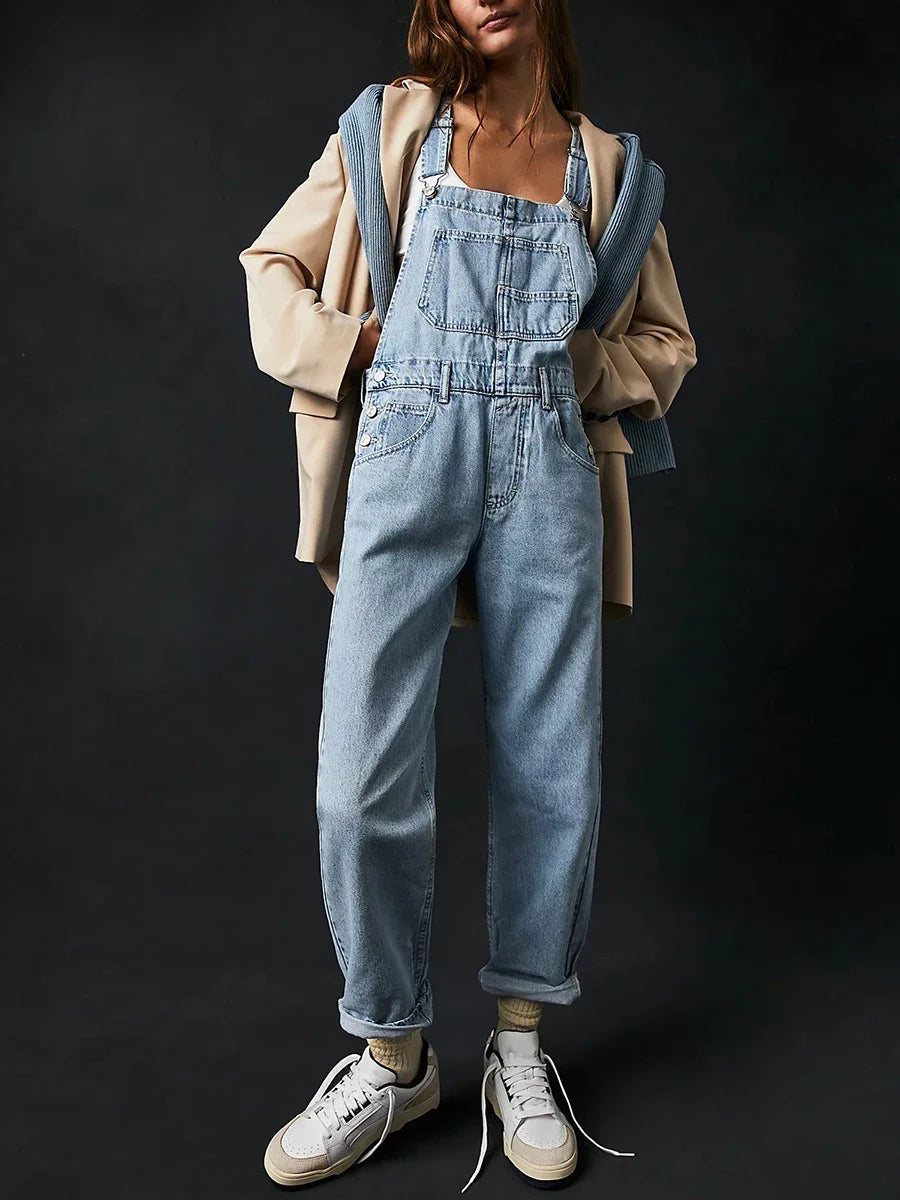 Denim Jumpsuit y2k Women Solid Color Sleeveless High Waist Romper Pants Jeans Bib Overalls with Pockets Streetwear