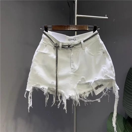 2024 New Korean White Raw Irregular Denim Skirt Women's Anti-Walk Naked Hole Pocket Exposed Short Skirt