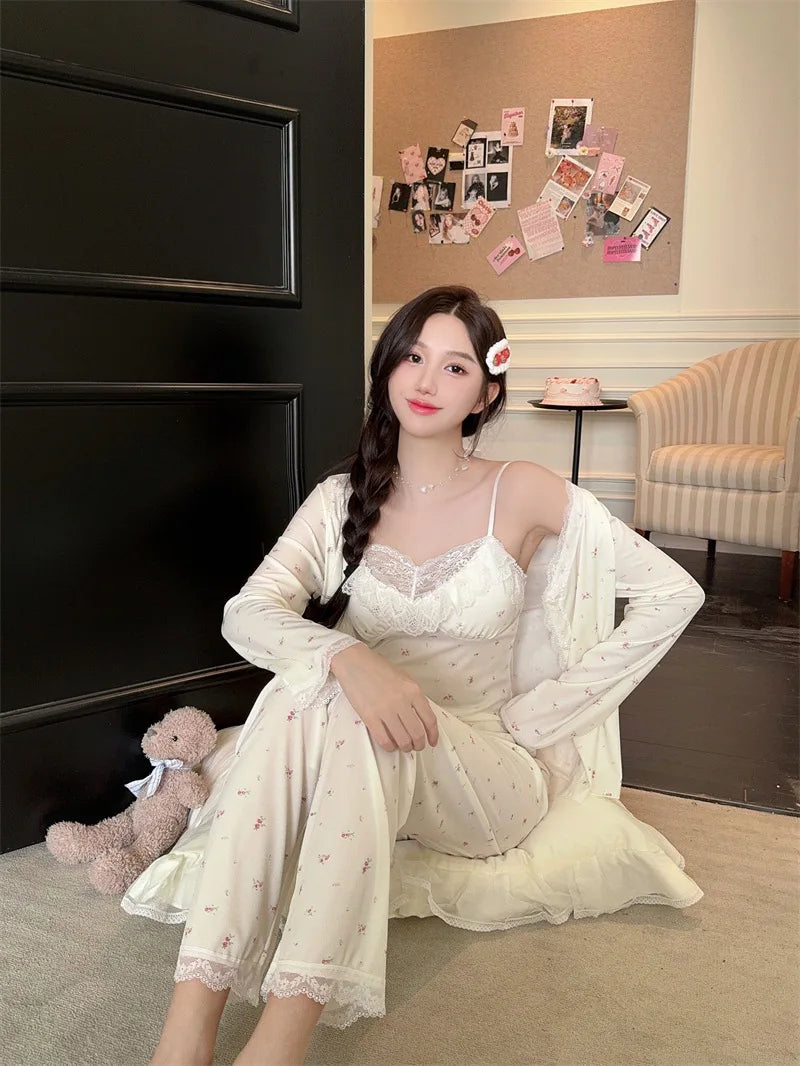Women Pajama Sets Soft Modal Pijamas Mujer Sleepwear Lady Spring Summer New Nightwear Femme 3 Pieces Sets Lace Trim Homewear