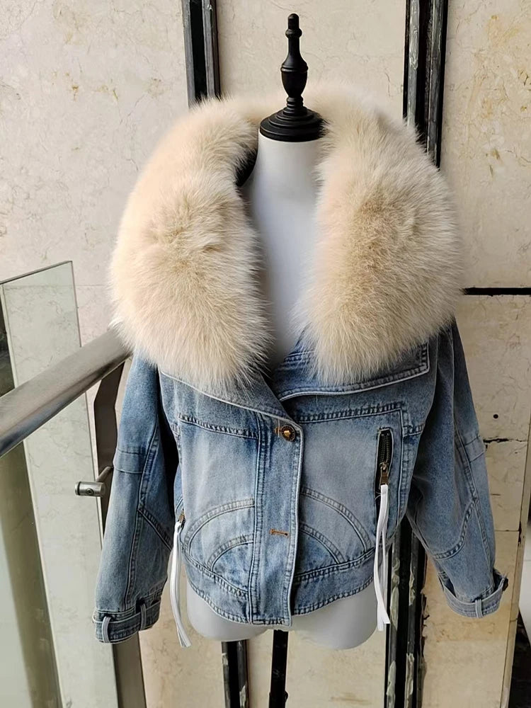 Womens Coats Spring 2025New 100%Natural Real Fox Fur Collar Fashion Short Denim Jacket Luxury Goose Down Puffer Jackets Clothing