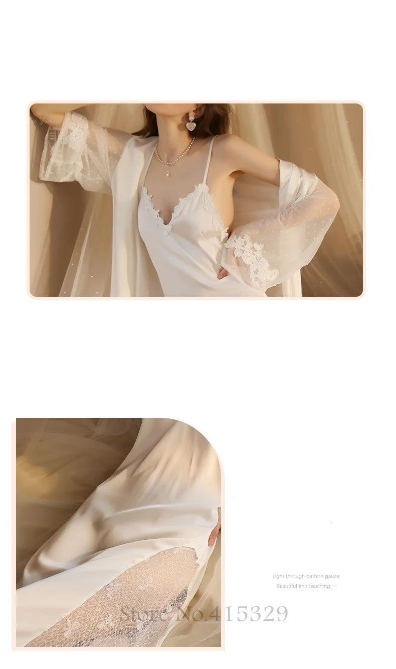 Wedding Bride Robe Set Women Sexy Lace Patchwork Nightgown Long Kimono Bath Gown Loose Suspender Nightdress Intimate Lingerie