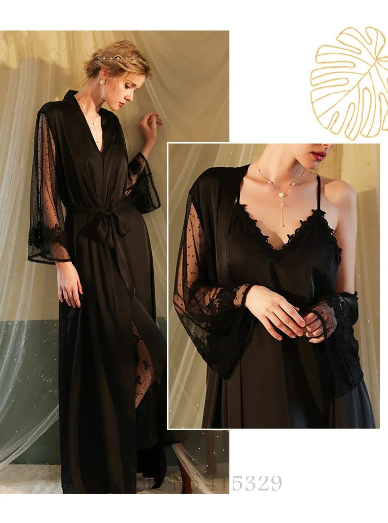 Wedding Bride Robe Set Women Sexy Lace Patchwork Nightgown Long Kimono Bath Gown Loose Suspender Nightdress Intimate Lingerie