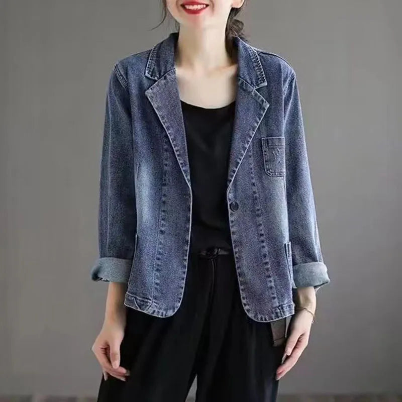 2024 Jeans Blazer Coat Women Spring Autumn New Retro Denim Jacket Female Loose Casual Coats Ladies Denim Tops