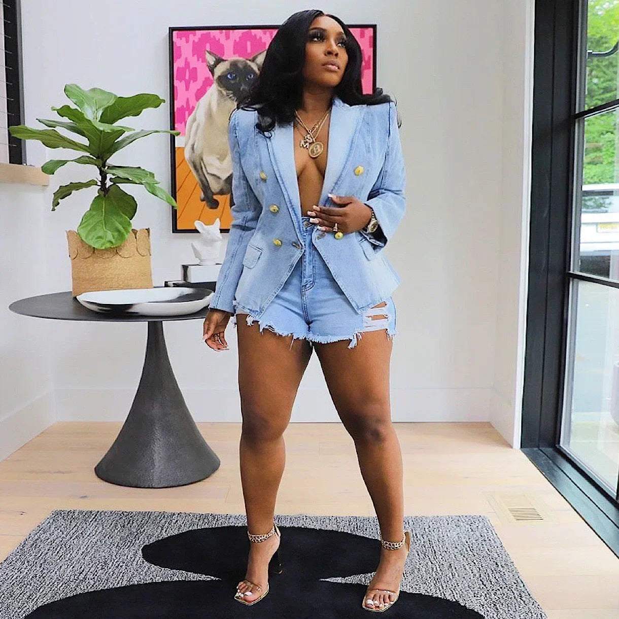 Women New Slim Double-Breasted Button Denim Jacket Coat Slim Long Sleeve Autumn Ripped Fashion Jacket Blazer